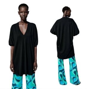 Zara Black Cocoon Dress Oversized V-Neck Batwing Tunic Women’s Size Small